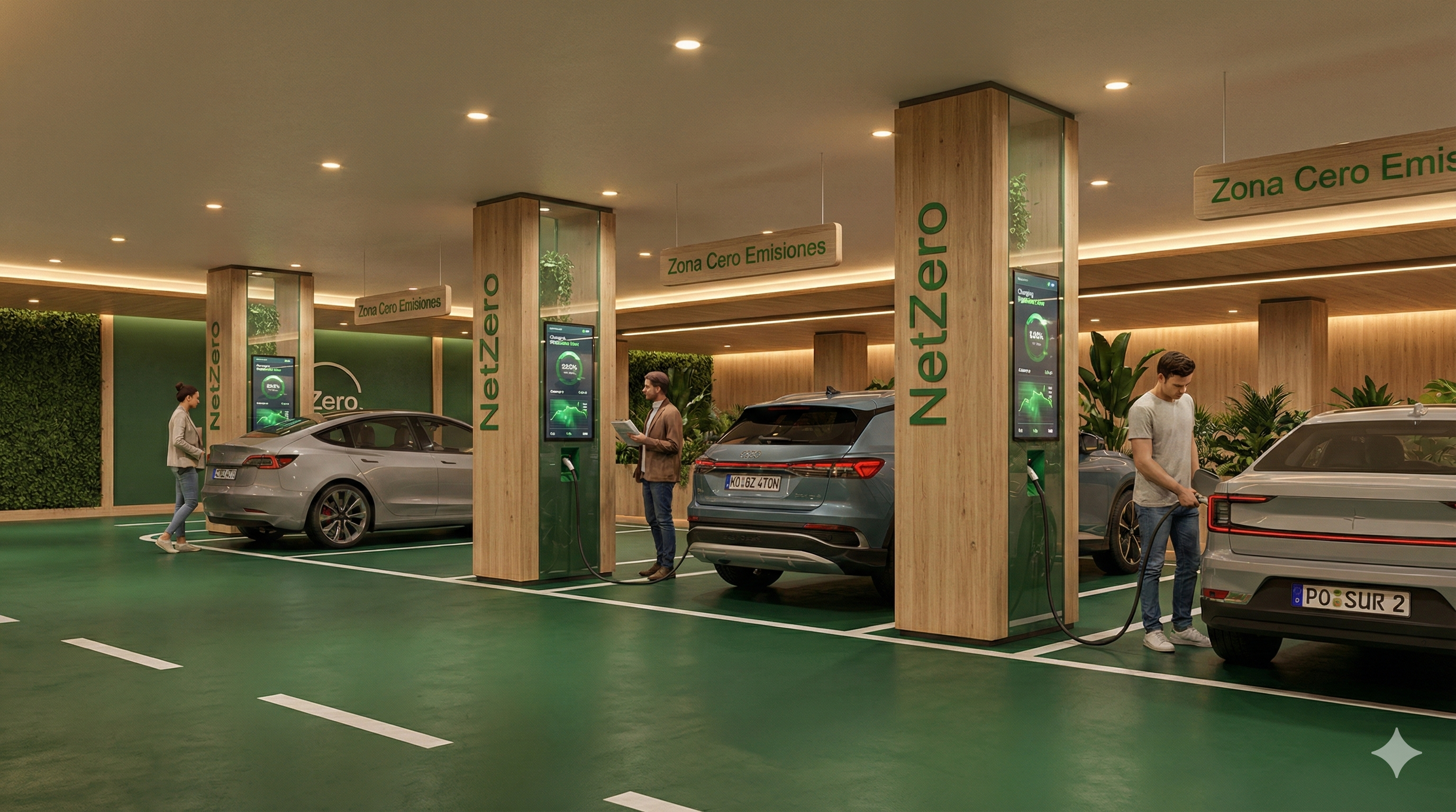 Auto eléctrico cargando con energía certificado